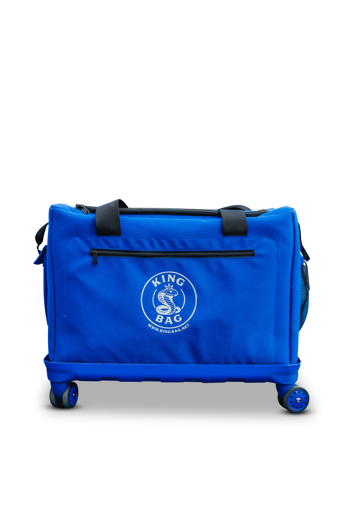 Blue rolling bag with a logo on a white background