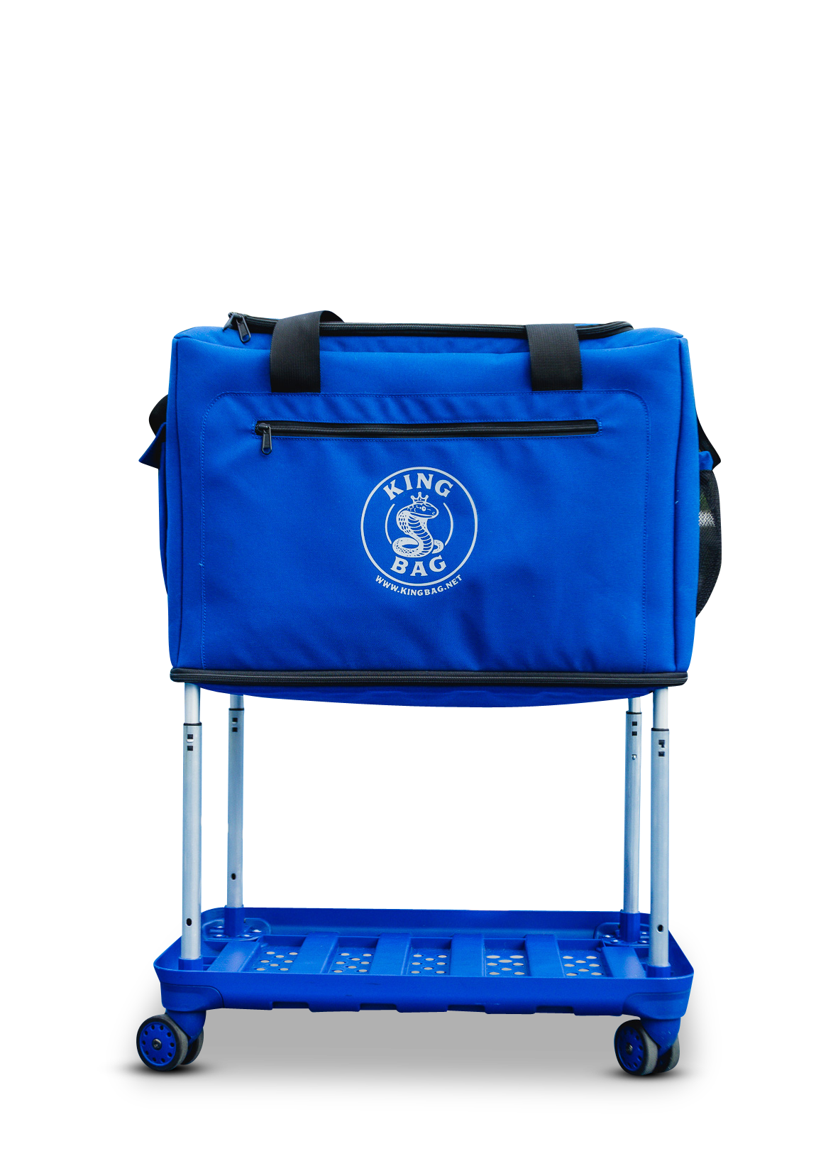 Blue rolling cart with a bag on a white background